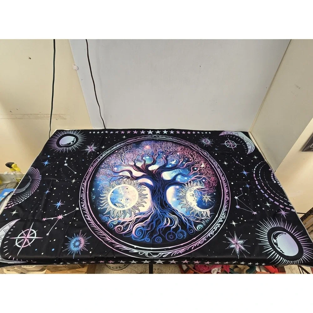NEW Blacklight Tree of Life Trippy Sun and Moon Wall Tapestry Uv Reactive 60x39